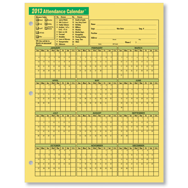 attendance calendar template